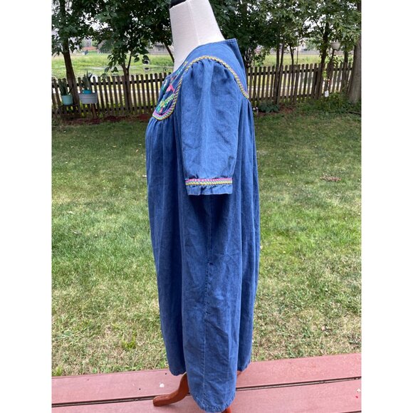 Blue Denim Go Softly Embroidered Humming Bird Cottagecore Zip-Front Dress L - Picture 4 of 9